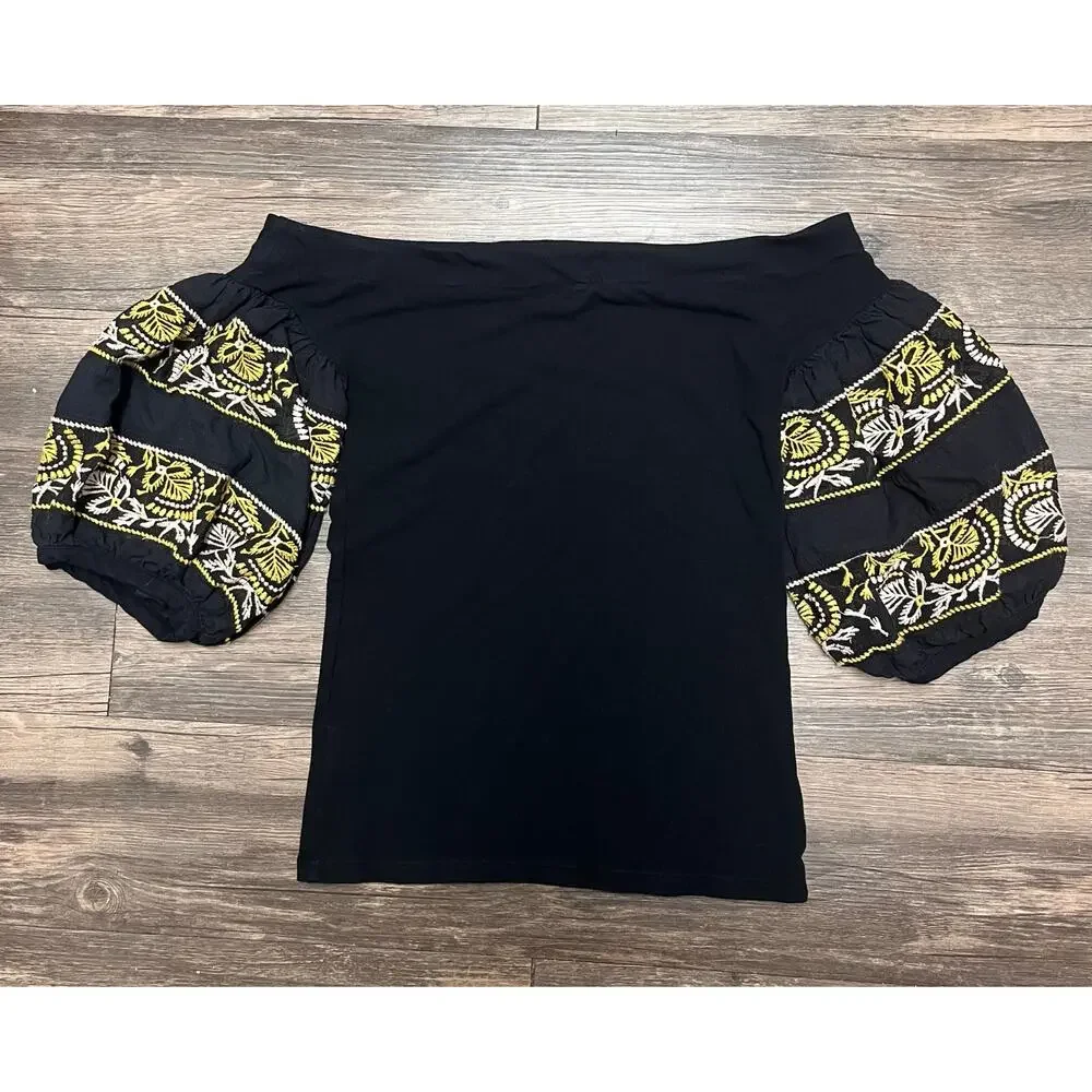 Free People Rock With It Black Embroidered Off Shoulder Top XS Boho Festival